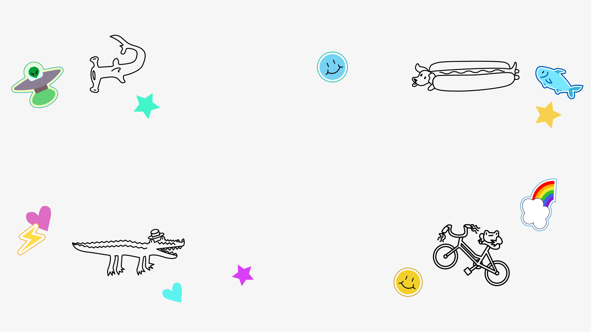 various stickers and doodle-style drawings including a hot dog-dog and frog on a bike